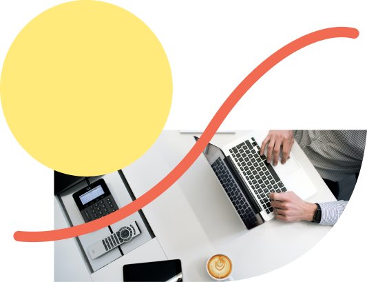 Yellow circle and red line over lapping image of someone at a desk on a laptop